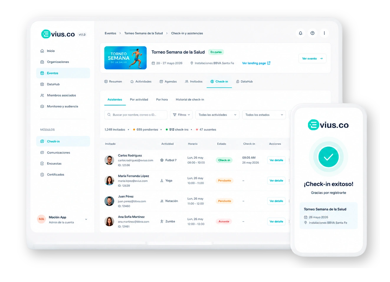 EVIUS check-in dashboard on desktop and mobile